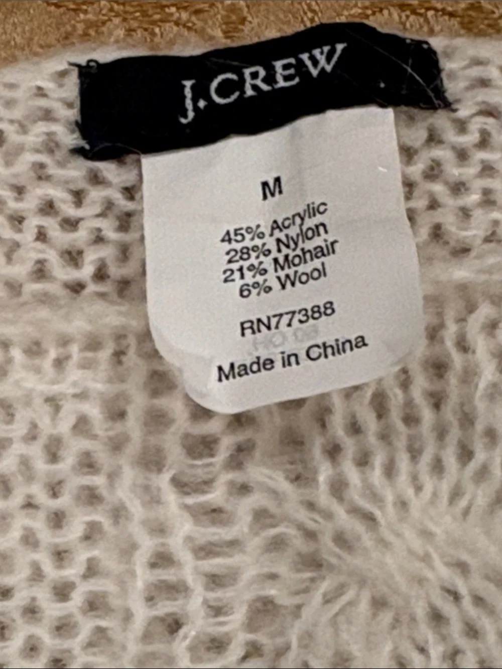 NWOT J. Crew Cream Cable Knit Crewneck Sweater, Classic, Acrylic Blend, M